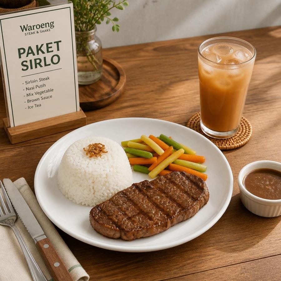 Foto Paket Sirlo dengan steak sirloin, nasi, mix vegetable, brown sauce, dan tea