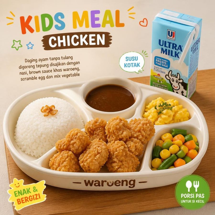 Foto Kids Meal Chicken dengan daging ayam tanpa tulang, nasi, brown sauce, dan milk