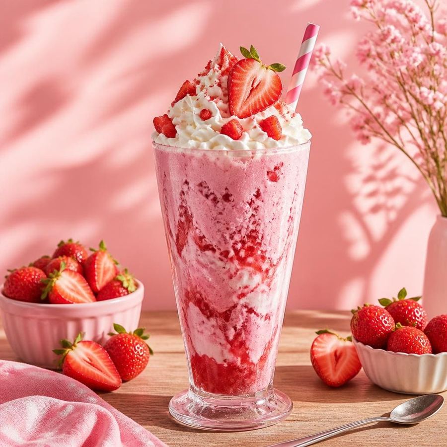 Foto Milkshake Strawberry Special dengan rasa stroberi creamy dan topping es krim