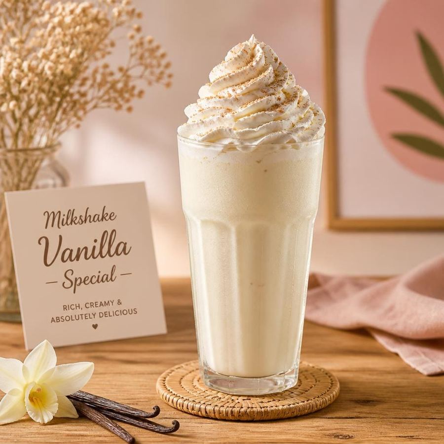 Foto Milkshake Vanilla Special dengan rasa vanilla creamy dan topping es krim