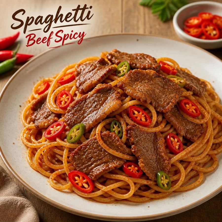 Foto Spaghetti Beef Spicy dengan beef slice dan irisan cabe rawit