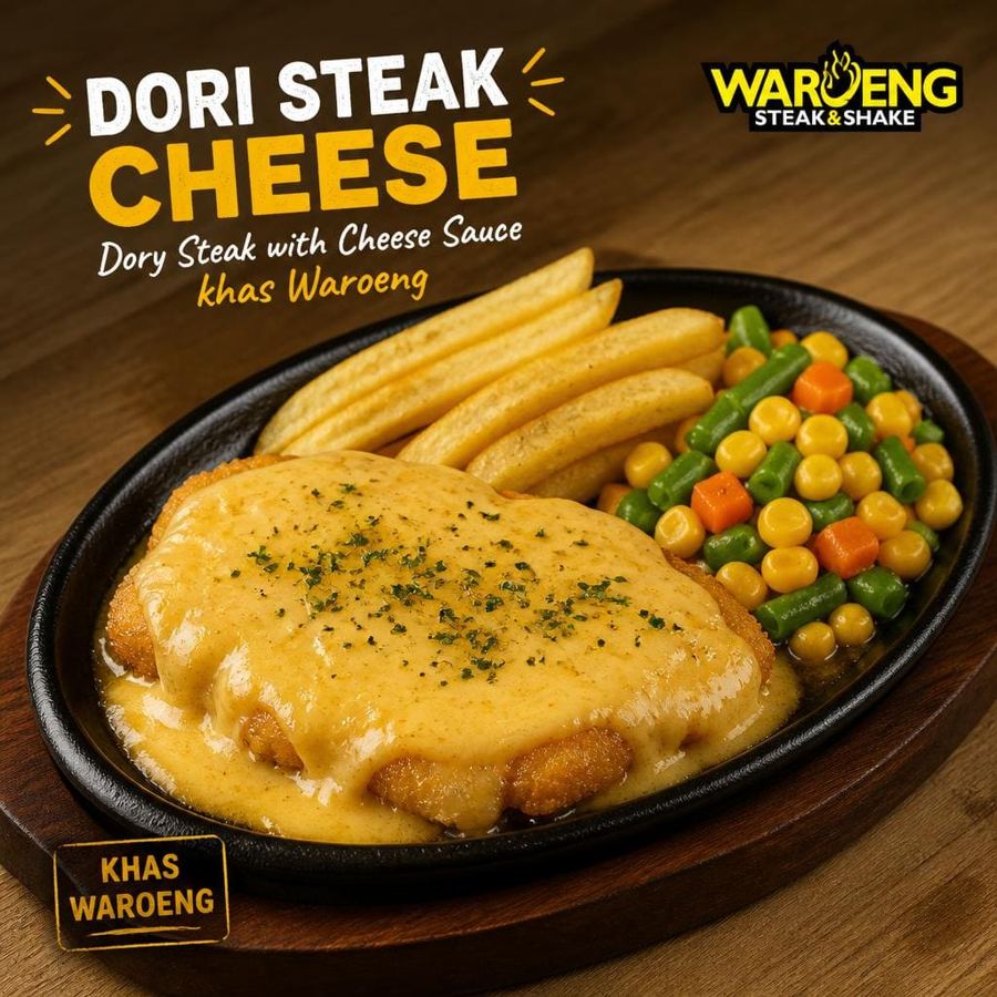 Foto Dori Steak Cheese dengan ikan dori, saus keju, kentang lokal, dan sayuran