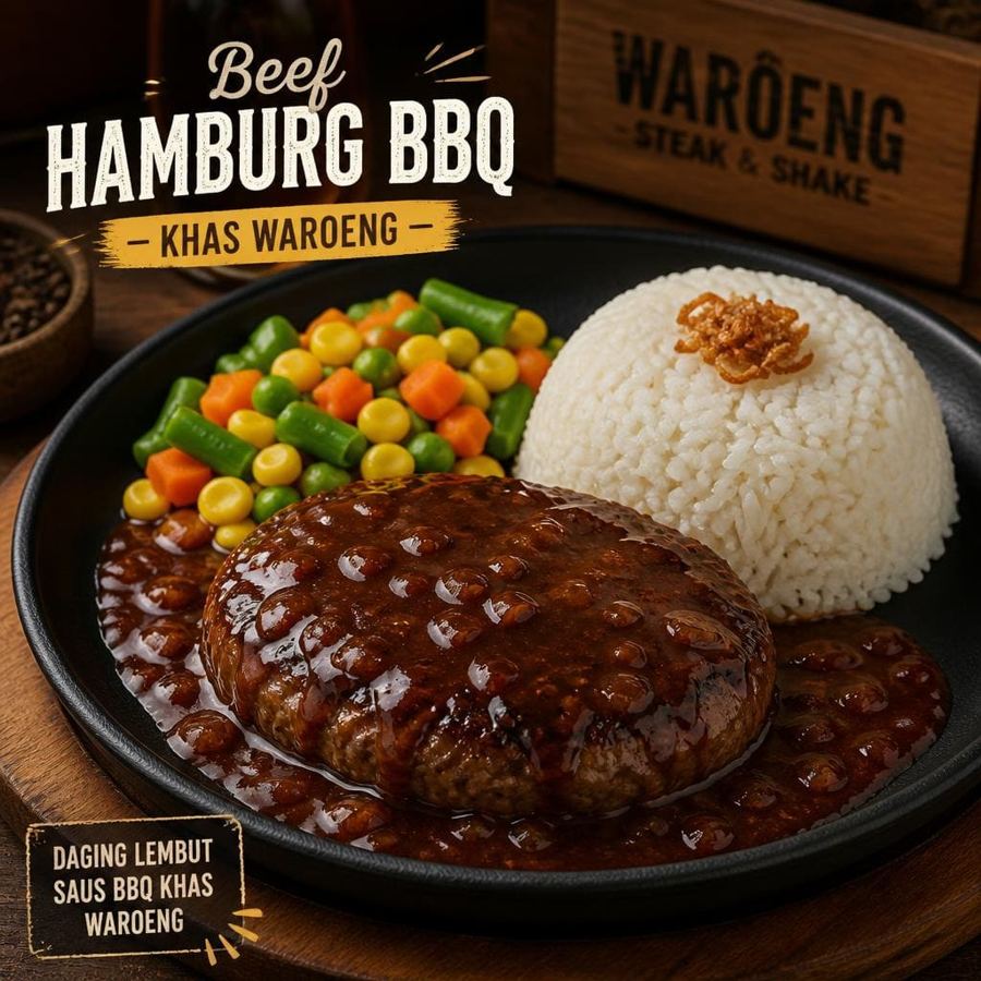 Foto Beef Hamburg BBQ dengan daging hamburg lembut dan saus BBQ