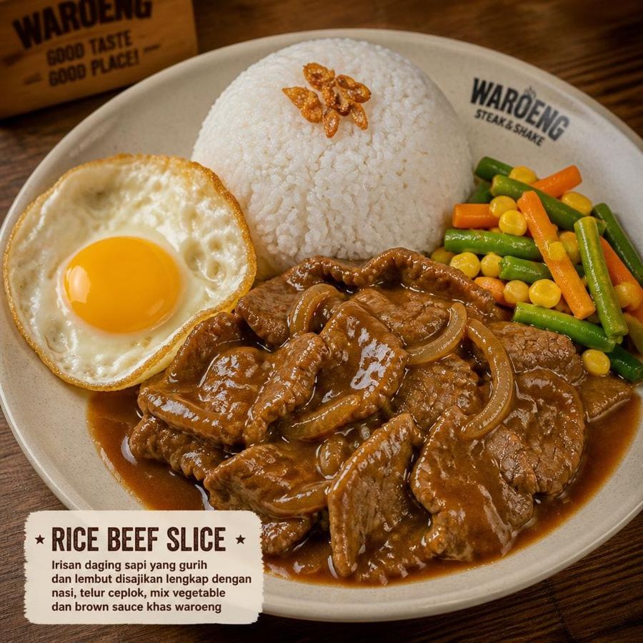 Foto Rice Beef Slice dengan irisan daging sapi, nasi, dan saus gurih