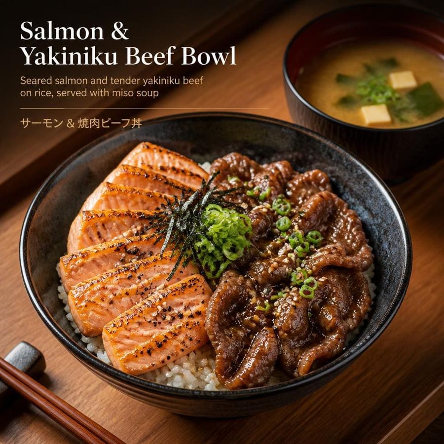 Foto Salmon & Yakiniku Beef Bowl Yakiniku Like
