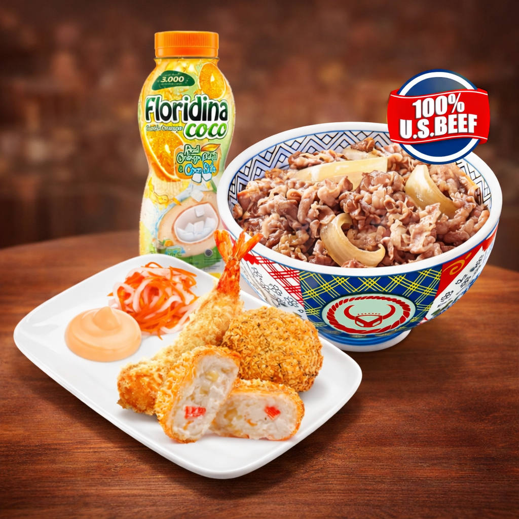 Foto Paket Puas Gorengan Udang + Beef Bowl (R) + Drink